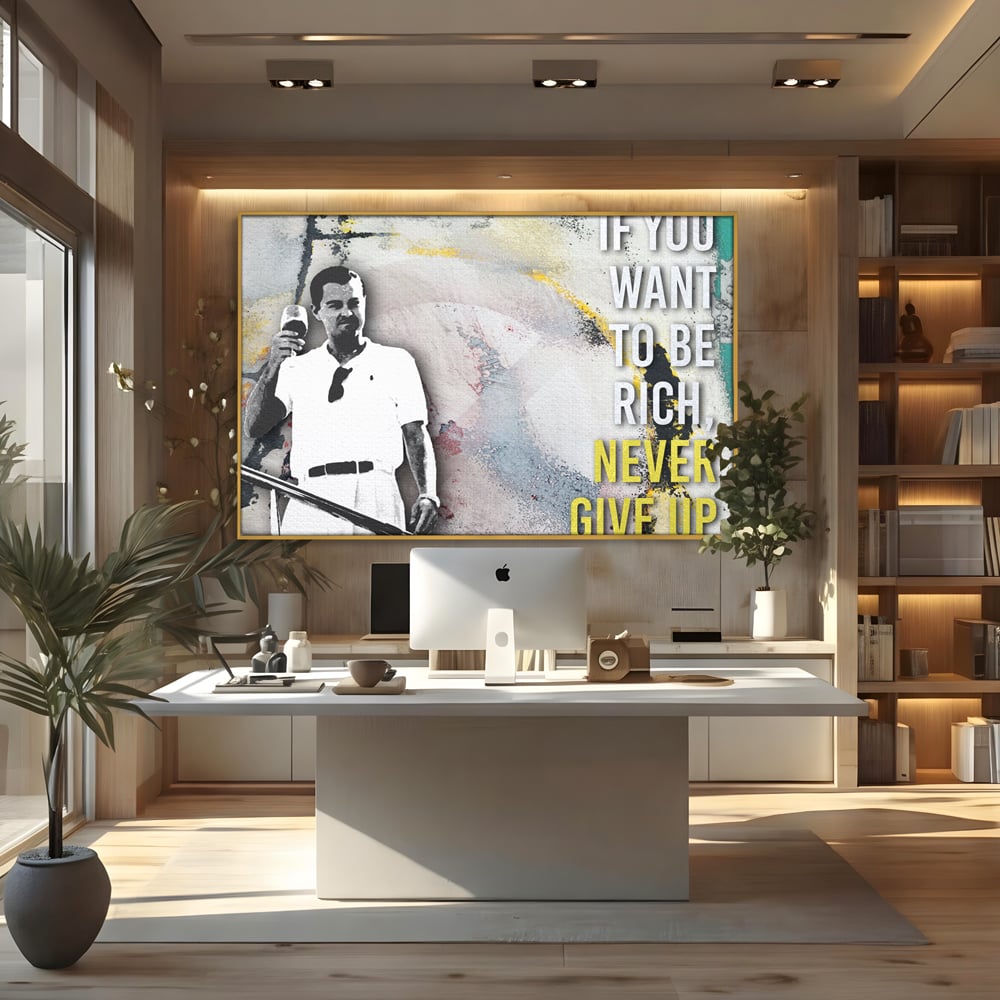 Tablou canvas cu tablou canvas cu leonardo dicaprio, in rama de aluminiu auriu, pe perete intr-un birou